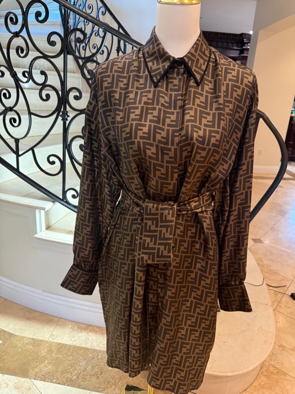 Fendi Brown and Black FF Logo Long-Sleeve Shirt Dress